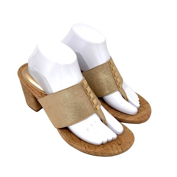 Alex Marie Metallic Gold Cork Heel Toe Peg Sandal Metal Accents 10M - Picture 2 of 9